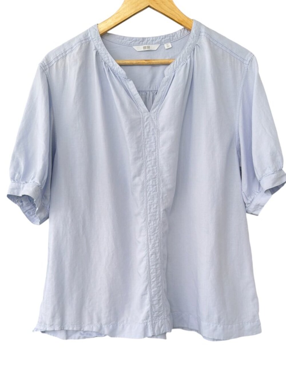UNIQLO Women's Top Size XL Linen Blend Volume Sleeve Blouse Blue